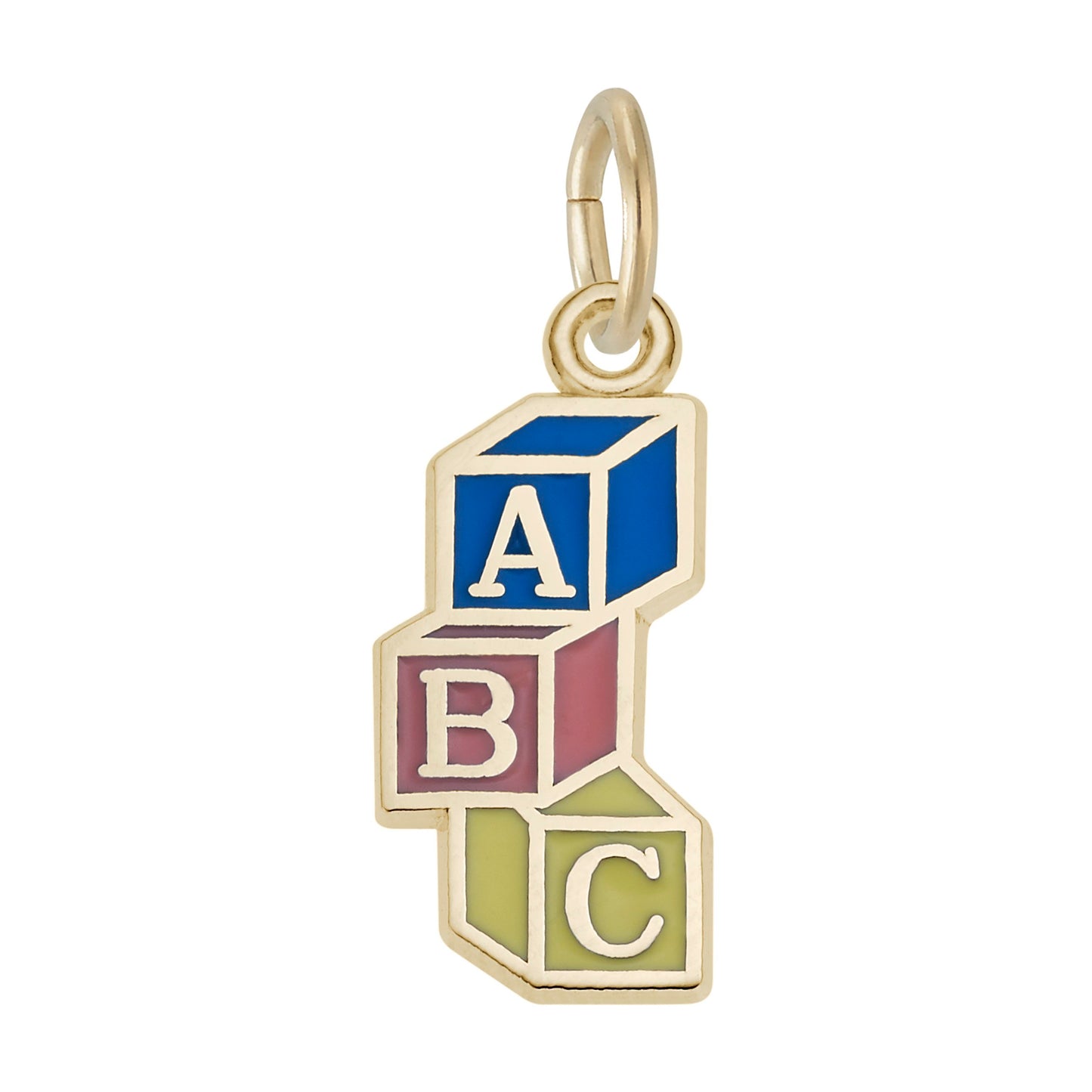 Colorful ABC blocks shaped charm with Gold lettering and borders on a white background
