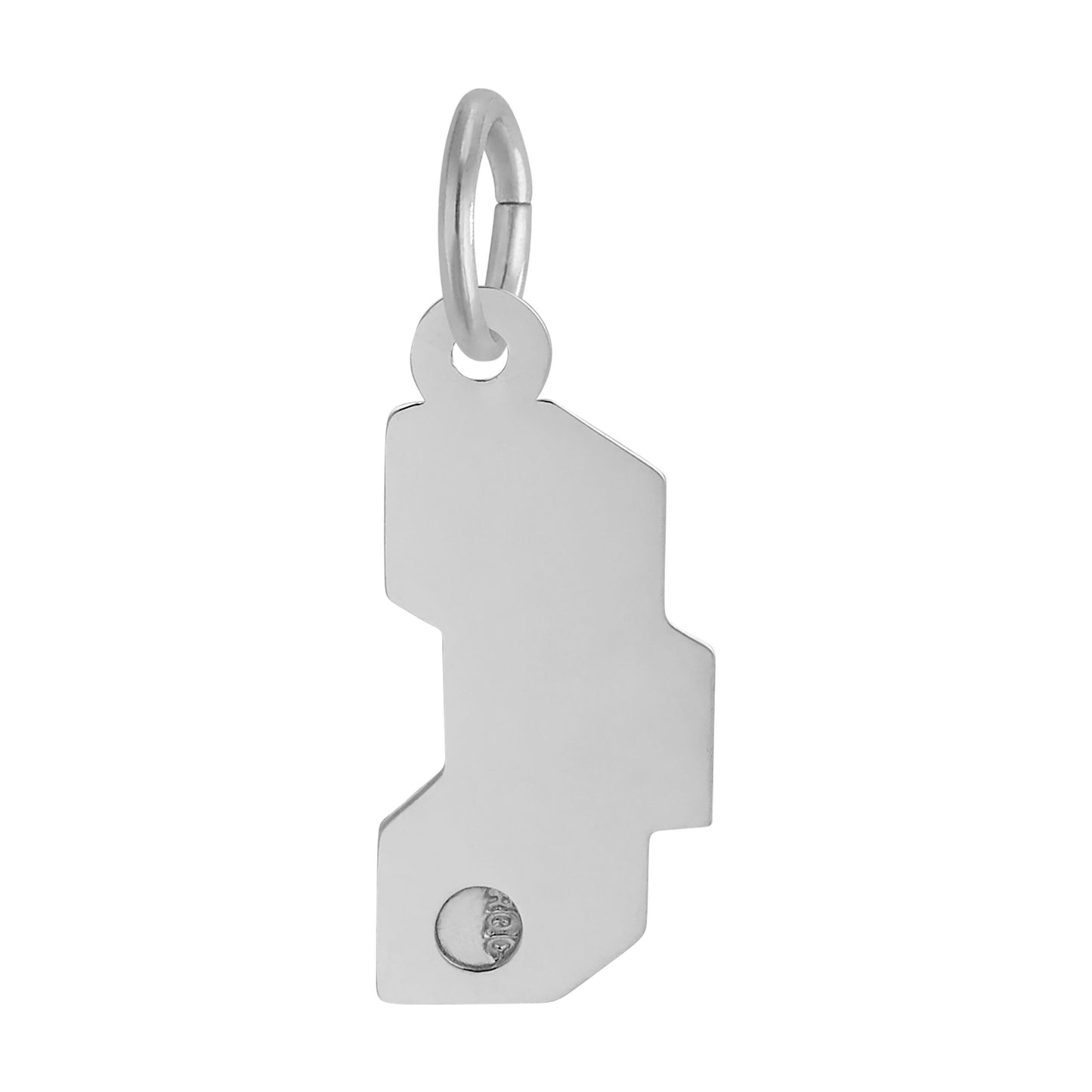 Back of Colorful ABC blocks shaped charm with Silver lettering and borders on a white background