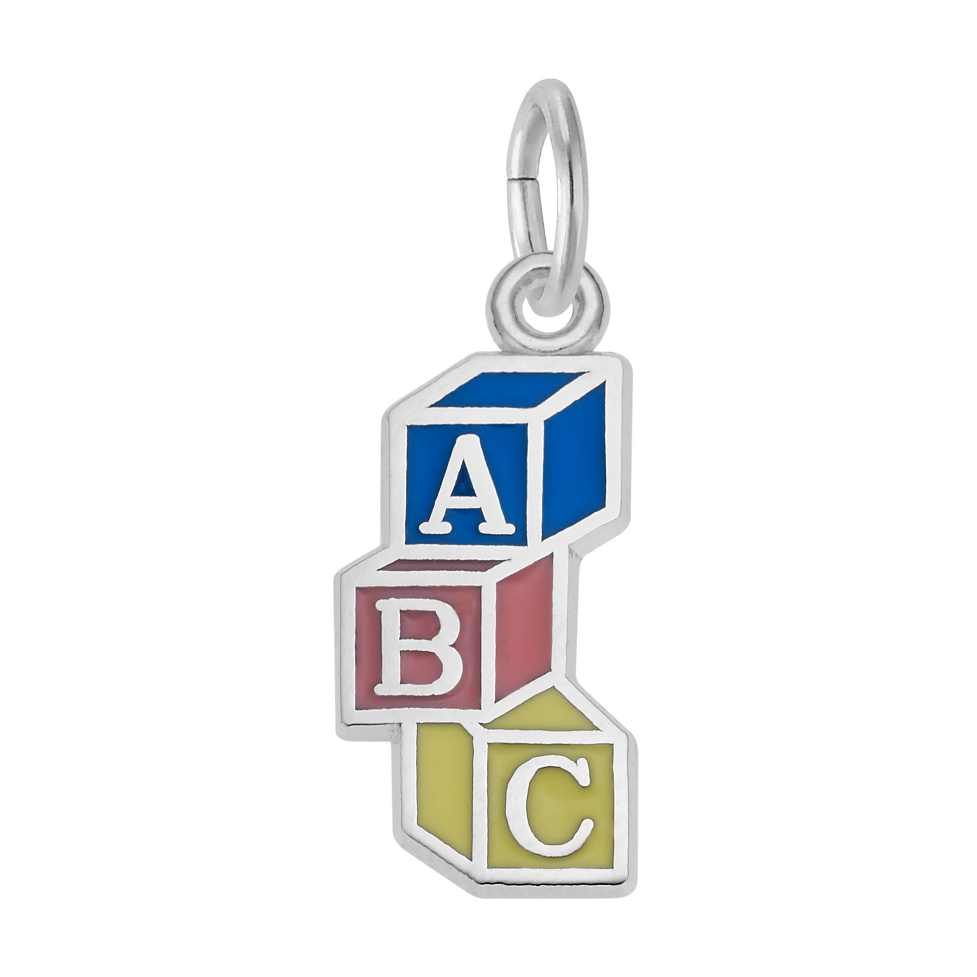 Colorful ABC blocks shaped charm with Silver lettering and borders on a white background