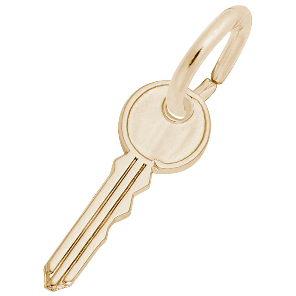 Gold house key-shaped charm on a white background