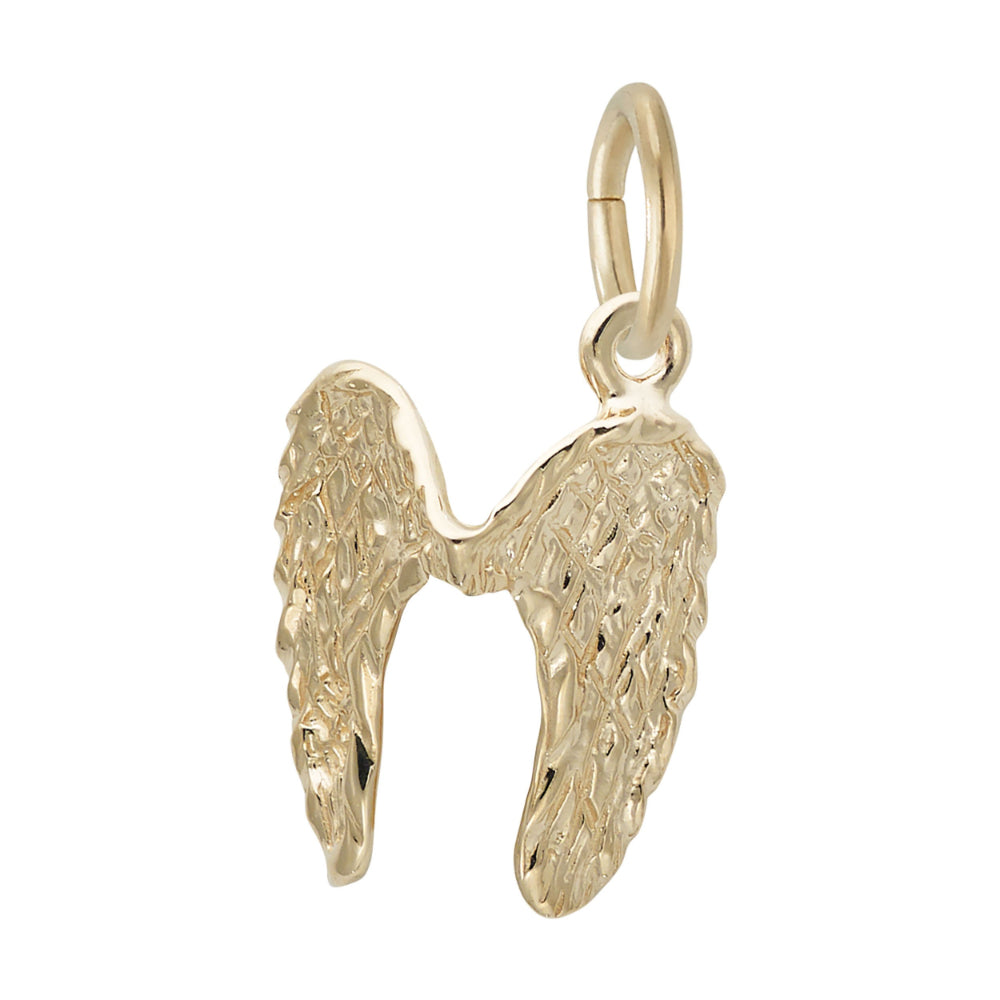 Alternate view of a gold angel wing charm on a white background