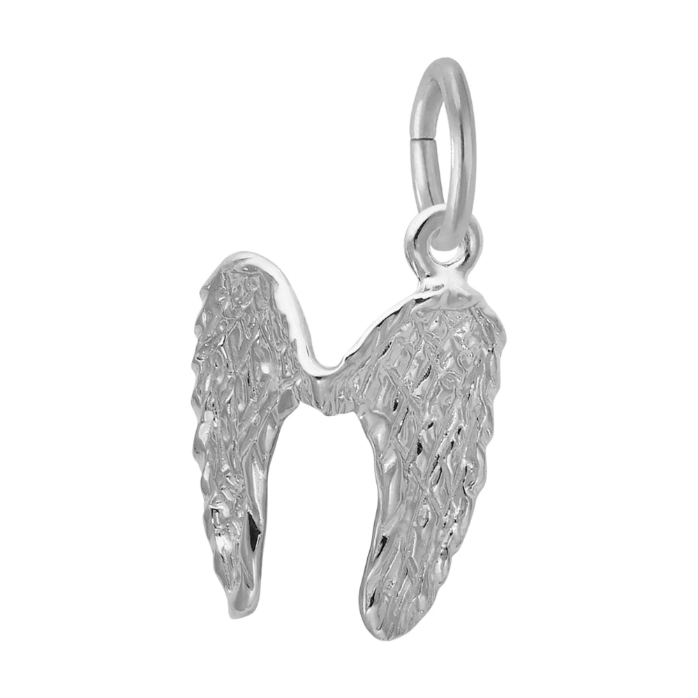 Alternate view of a silver angel wing charm on a white background
