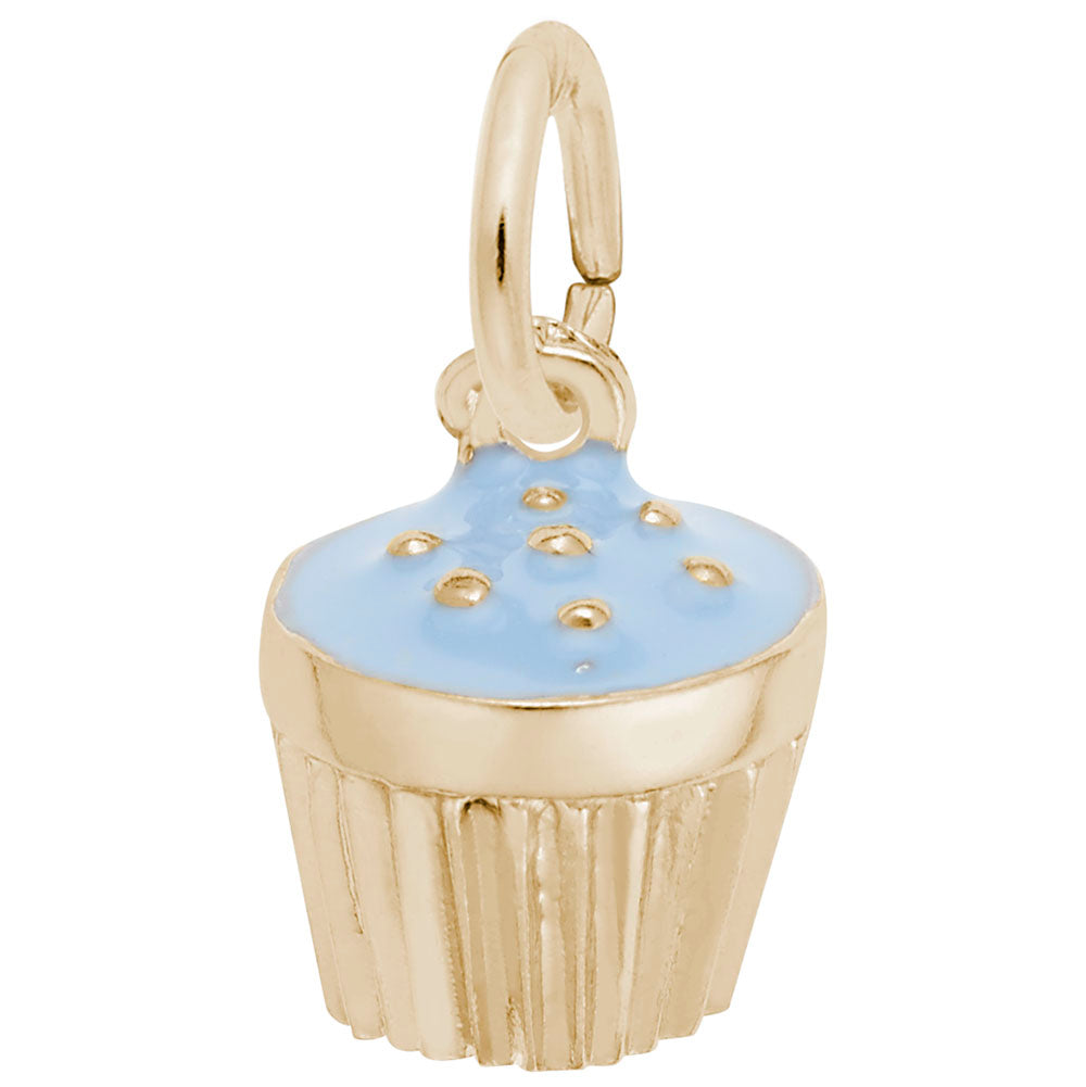 Gold cupcake charm with blue top on a white background