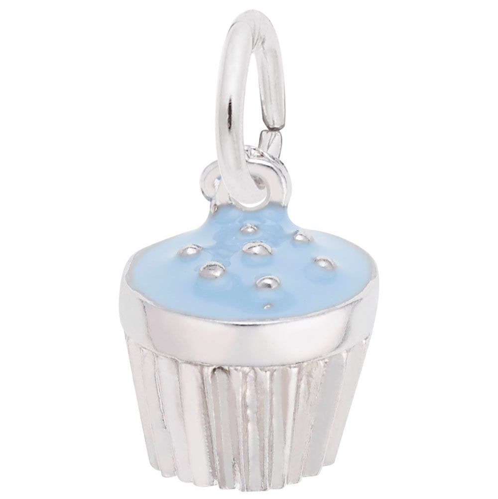 Silver cupcake charm with blue top on a white background