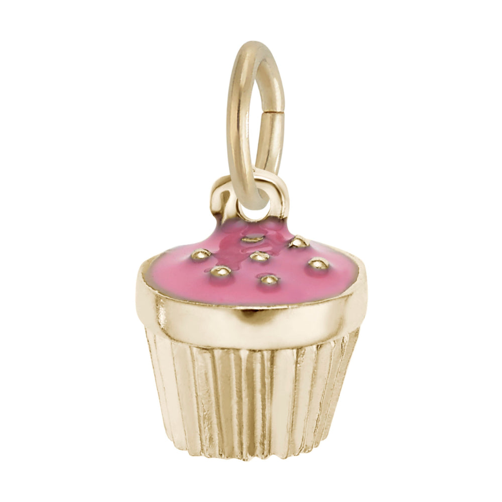 A gold cupcake charm pendant with pink enamel frosting and small gold bead details, shown on a plain white background.