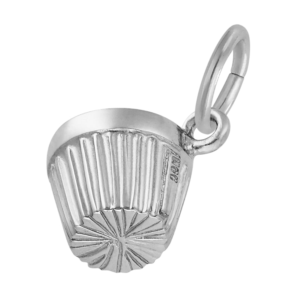 Side and bottom of a silver cupcake charm pendant featuring a textured cup shown on a plain white background