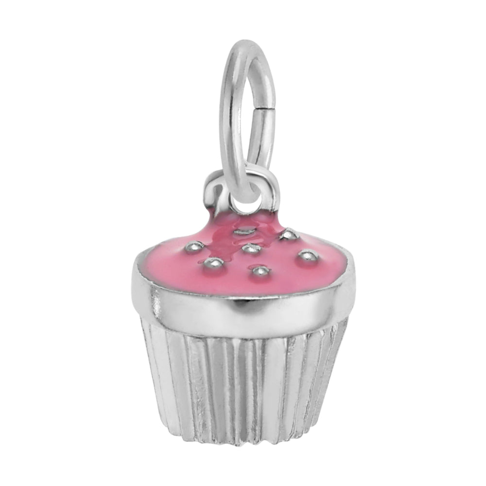 A silver cupcake charm with pink frosting and small silver sprinkles, attached to a silver jump ring, shown on a plain white background.