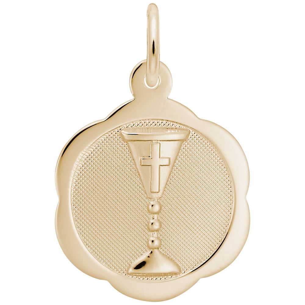 Gold pendant with a cross and chalice design on a white background