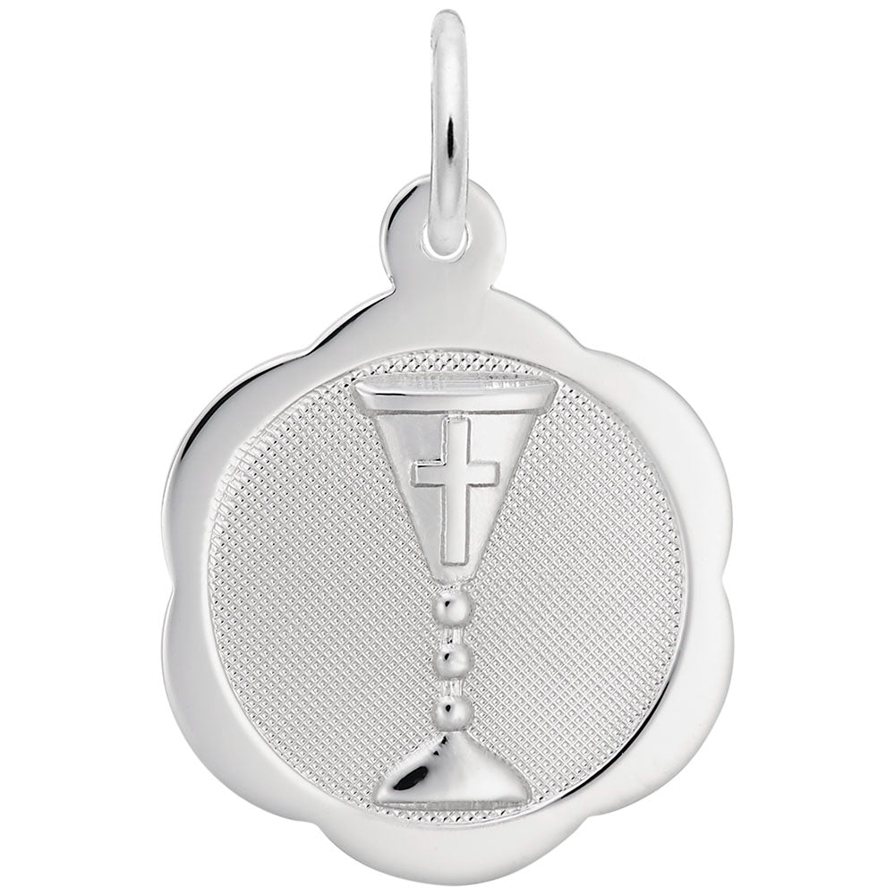 Silver pendant with a cross and chalice design on a white background
