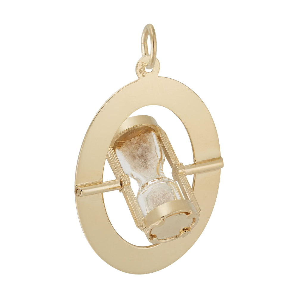A plain gold oval charm featuring an hourglass in the center