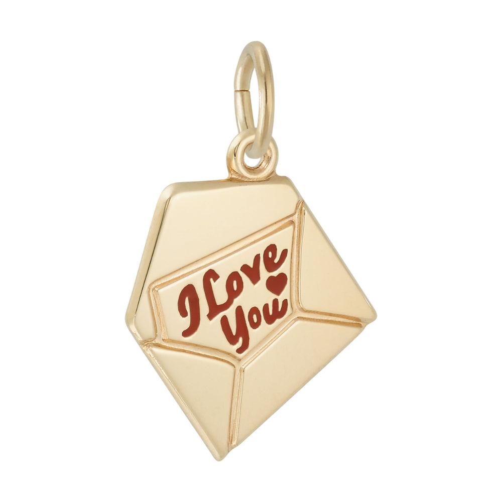 A gold charm shaped like an open envelope with the words 'I Love You' and a small heart in red enamel, shown on a plain white background.