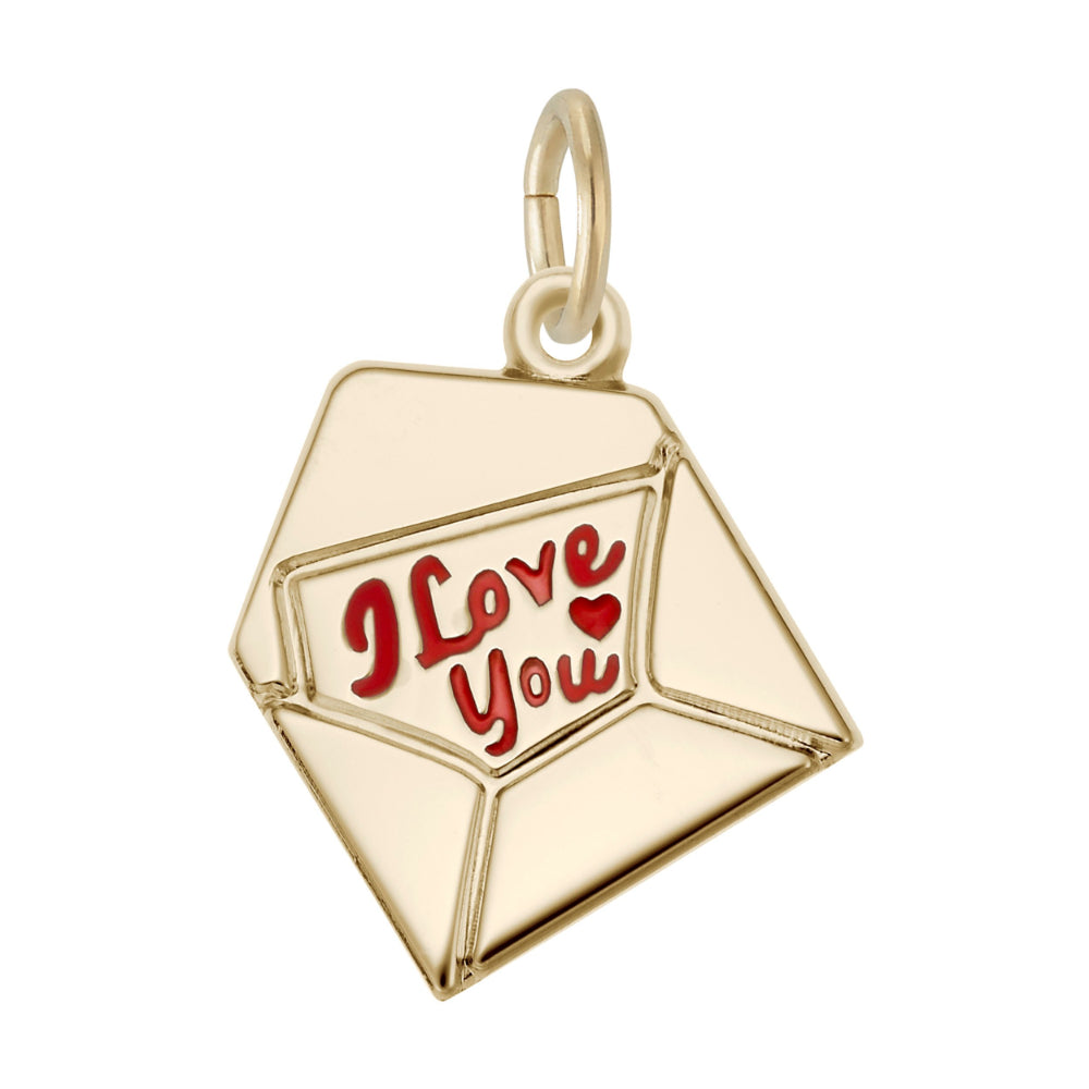 A Gold charm shaped like an open envelope with the words 'I Love You' and a small heart in red enamel, shown on a plain white background.
