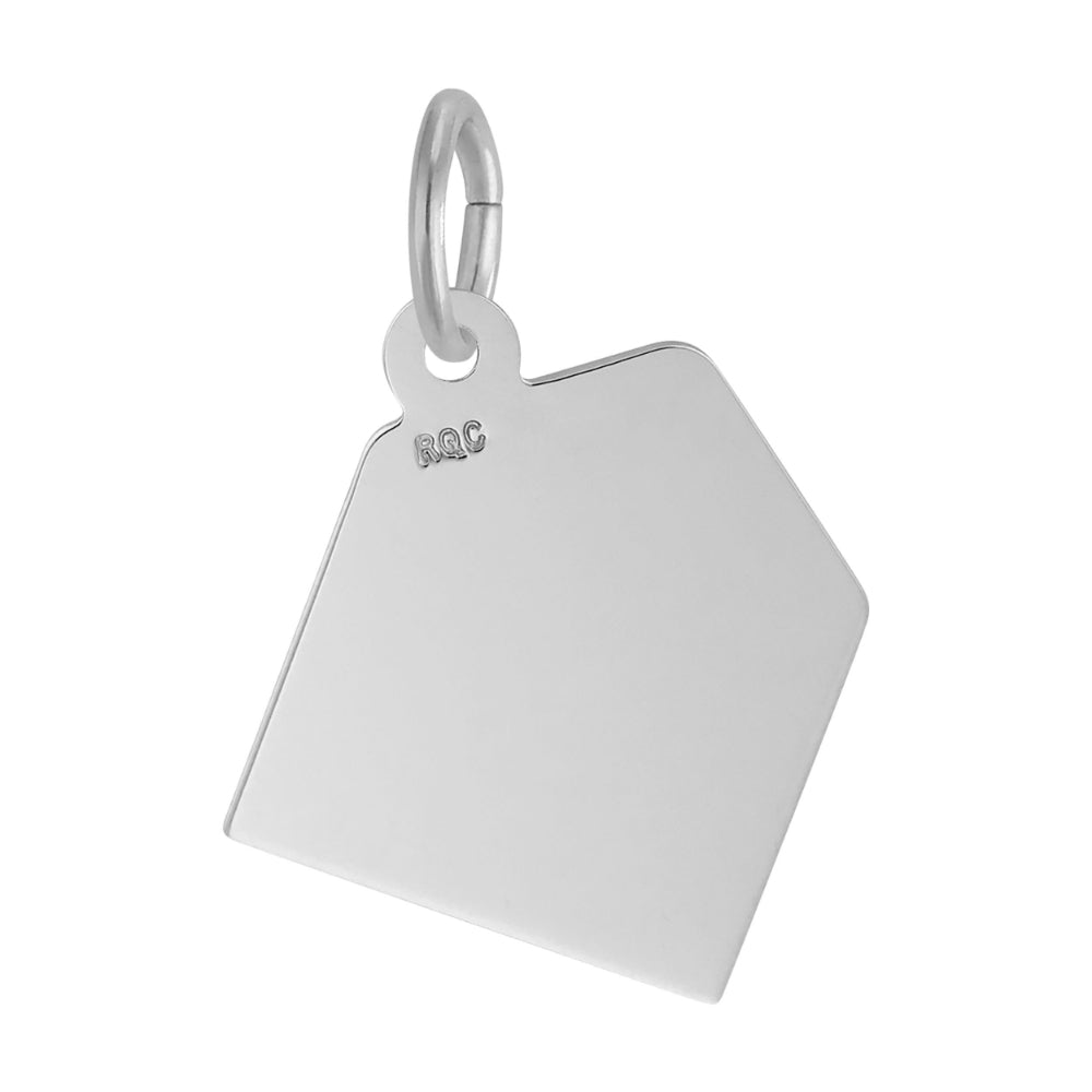 Plain back of a silver envelope shaped charm, shown on a white background