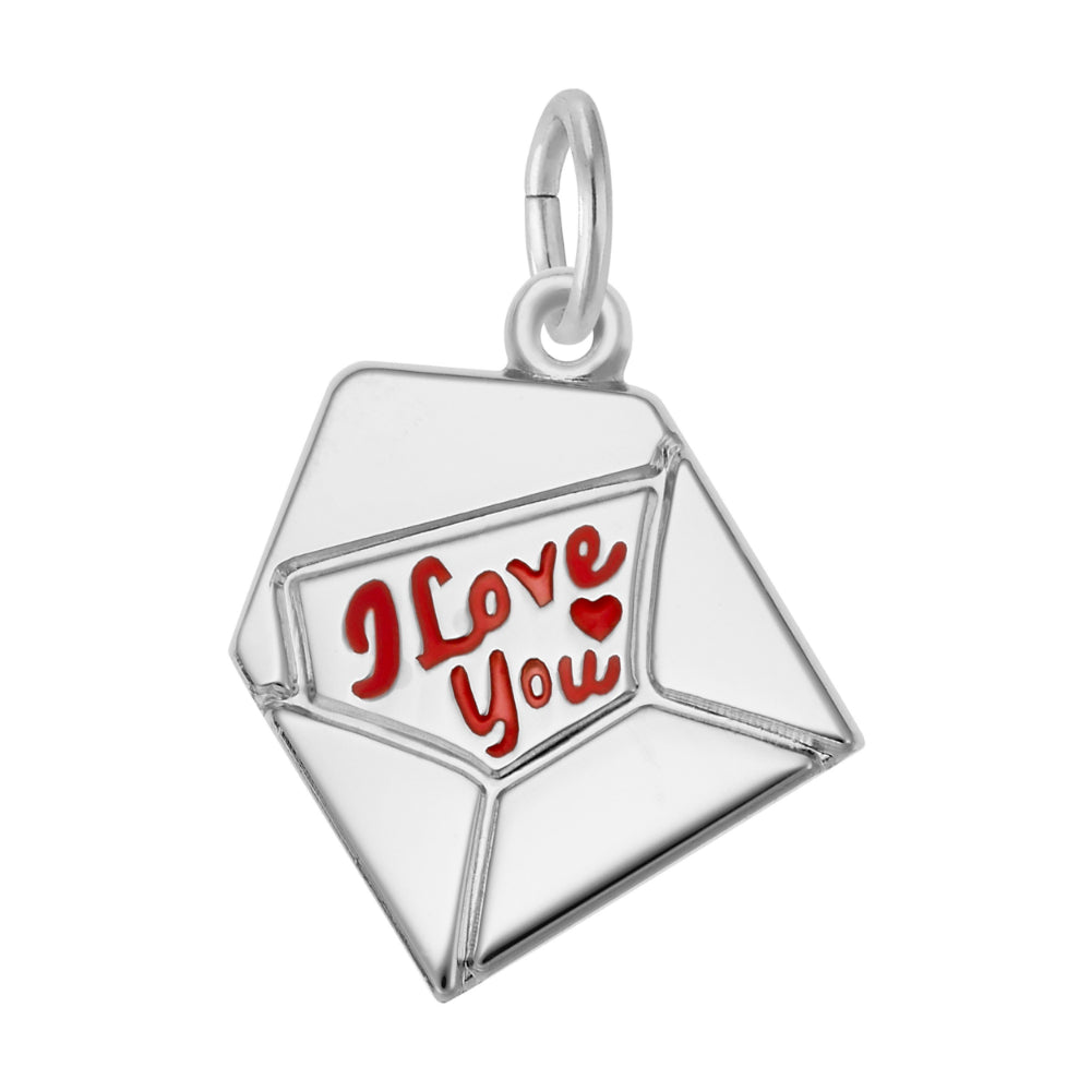 A silver charm shaped like an open envelope with the words 'I Love You' and a small heart in red enamel, shown on a plain white background.