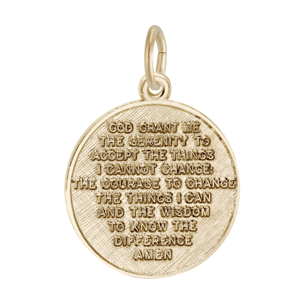 Gold disc charm engraved with the serenity prayer shown on a white background