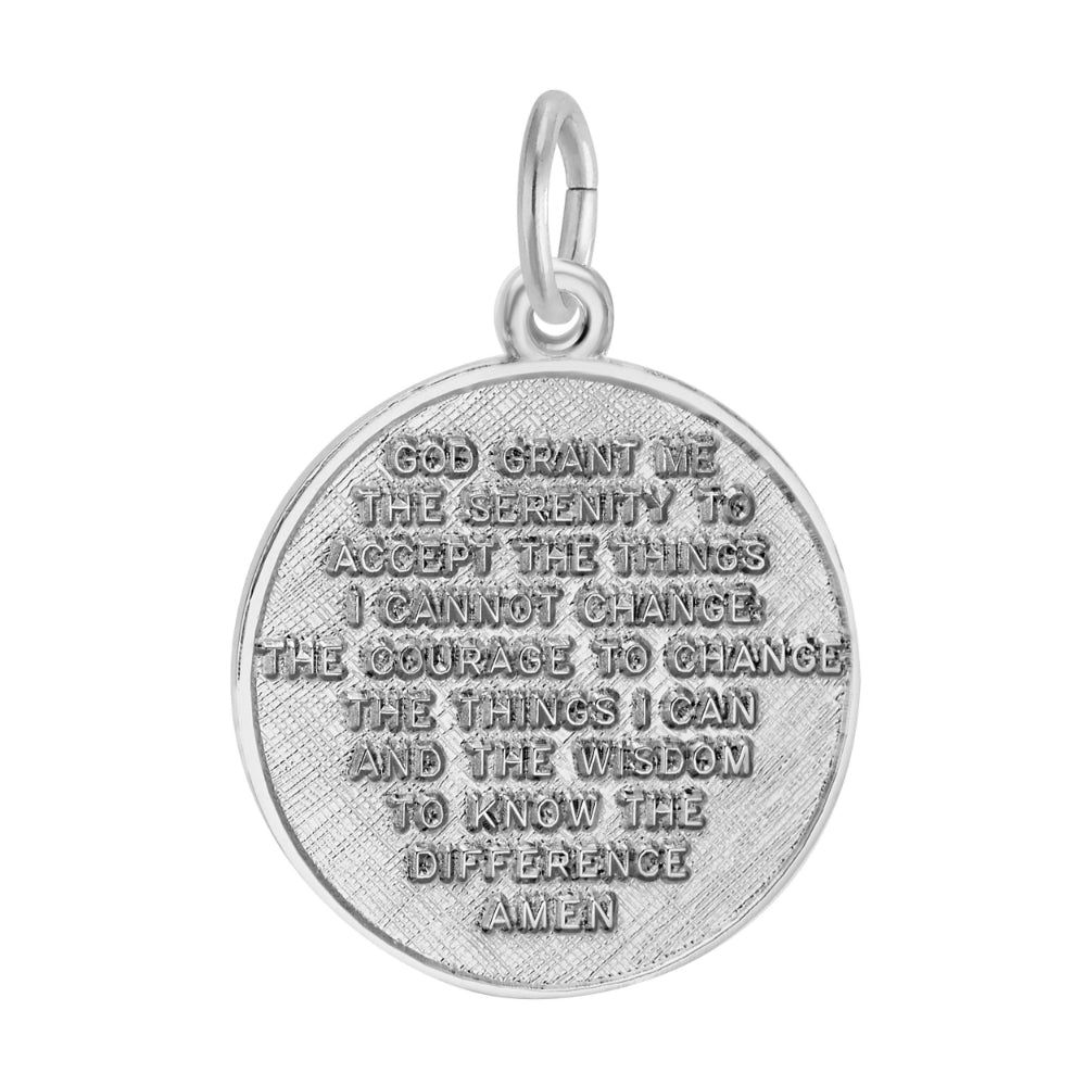Silver disc charm engraved with the serenity prayer shown on a white background