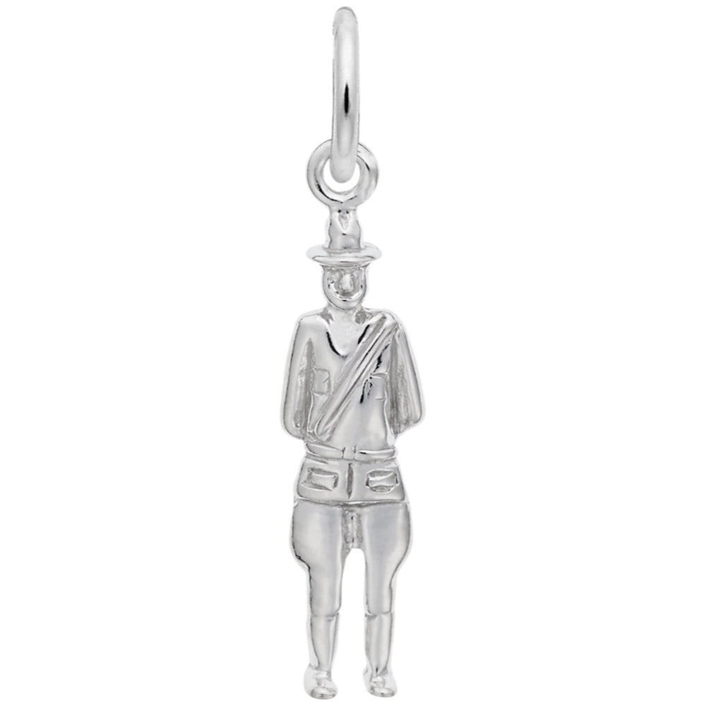 Silver Canadian mountie shaped charm on a white background