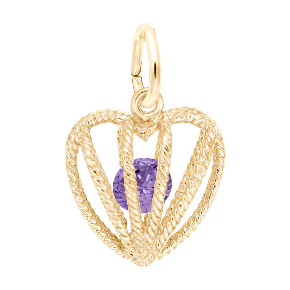 Gold heart-shaped pendant with a purple gemstone on a white background