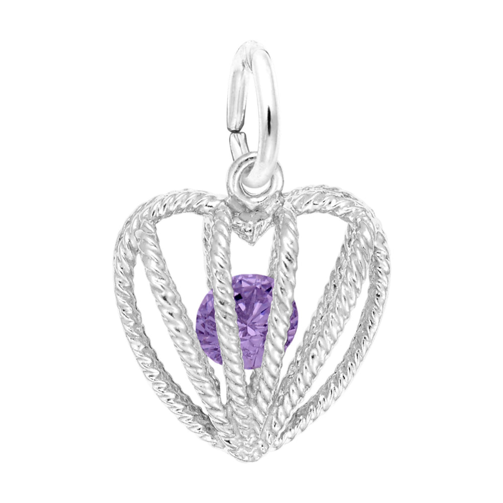 Silver heart-shaped pendant with a purple gemstone on a white background