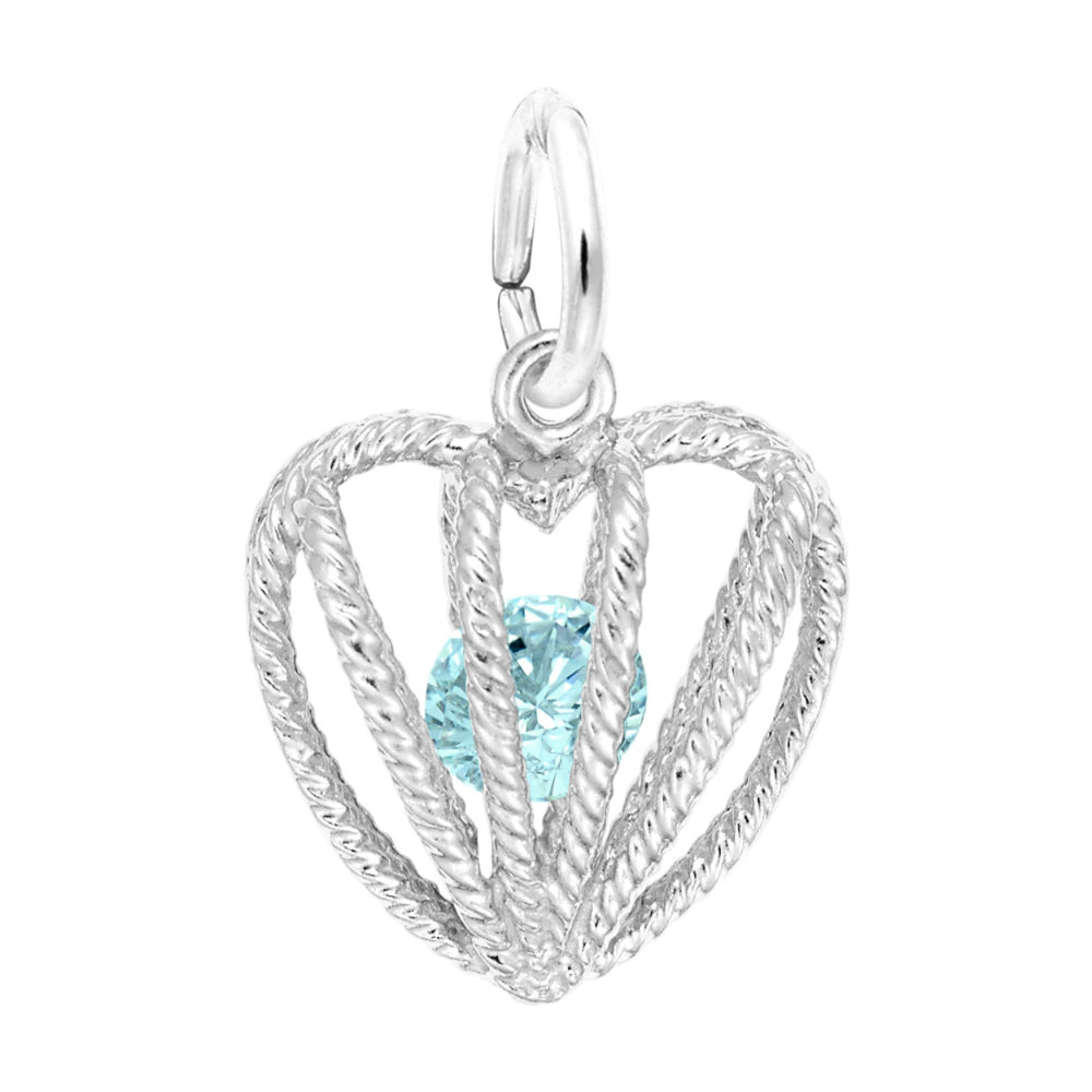Silver heart-shaped pendant with a blue gemstone on a white background
