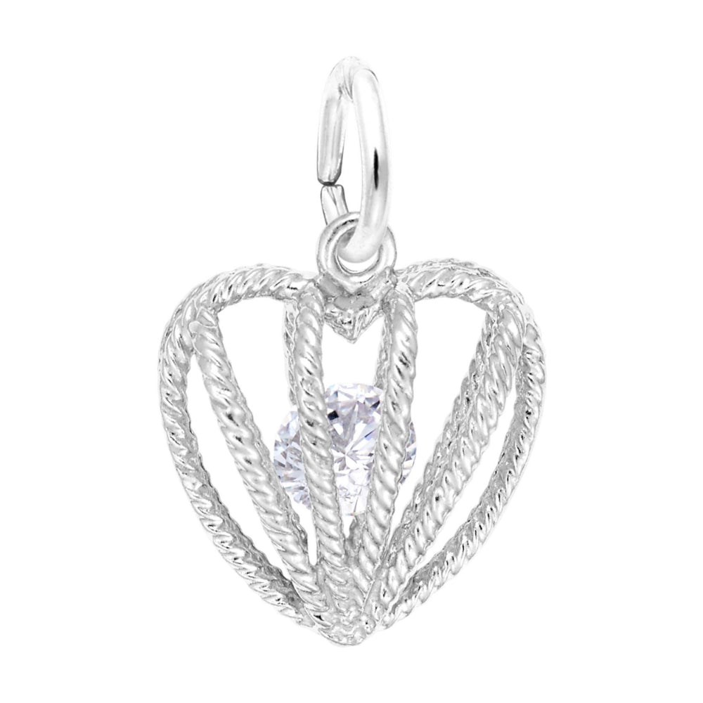 Silver heart-shaped pendant with a clear gemstone on a white background