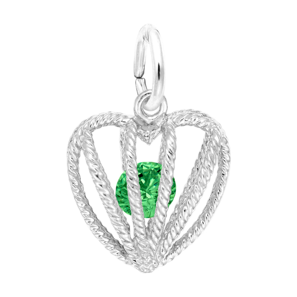 Silver heart-shaped pendant with a green gemstone on a white background