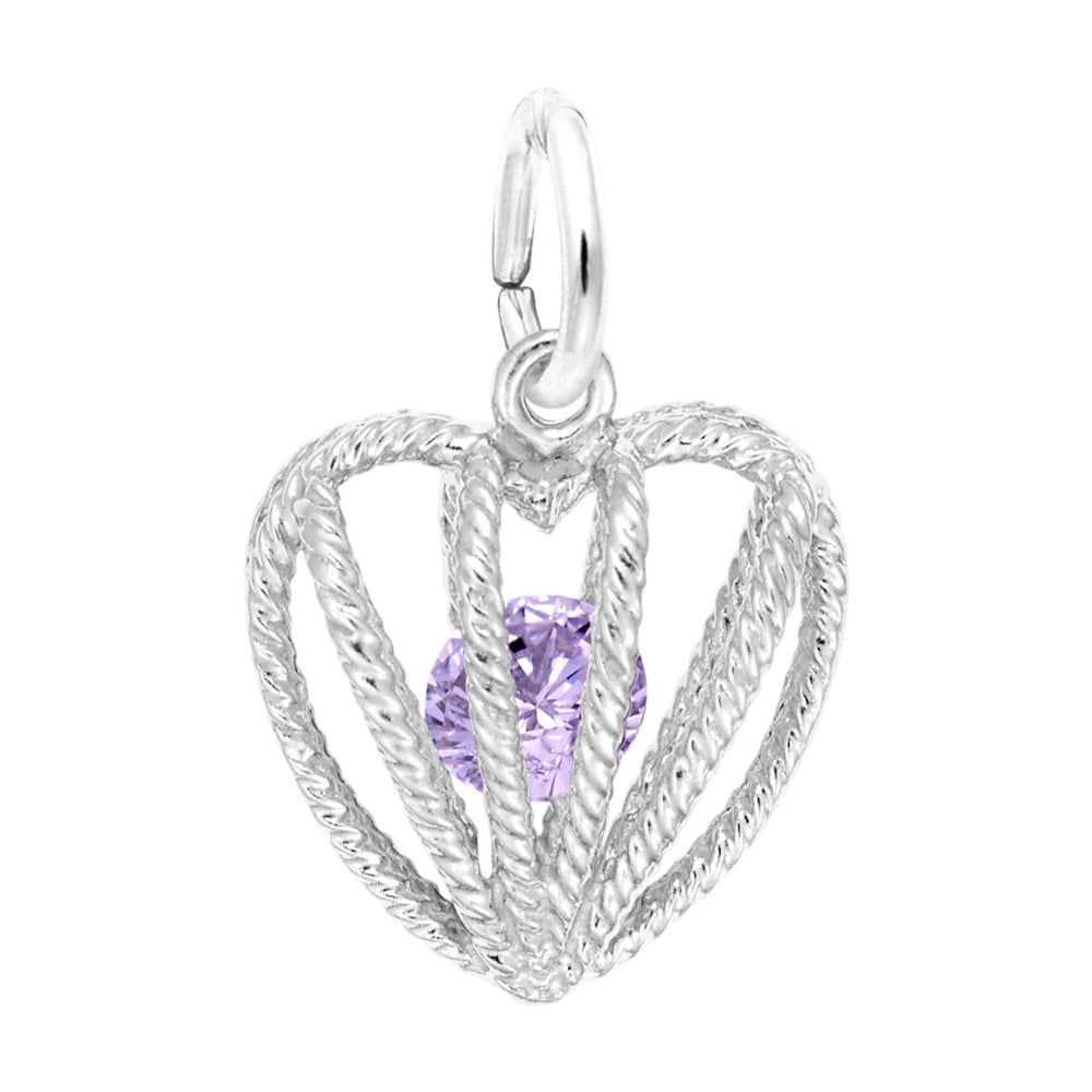 Silver heart-shaped pendant with a purple gemstone on a white background