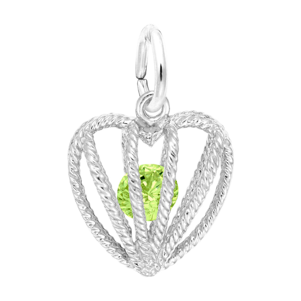 Silver heart-shaped pendant with a green gemstone on a white background