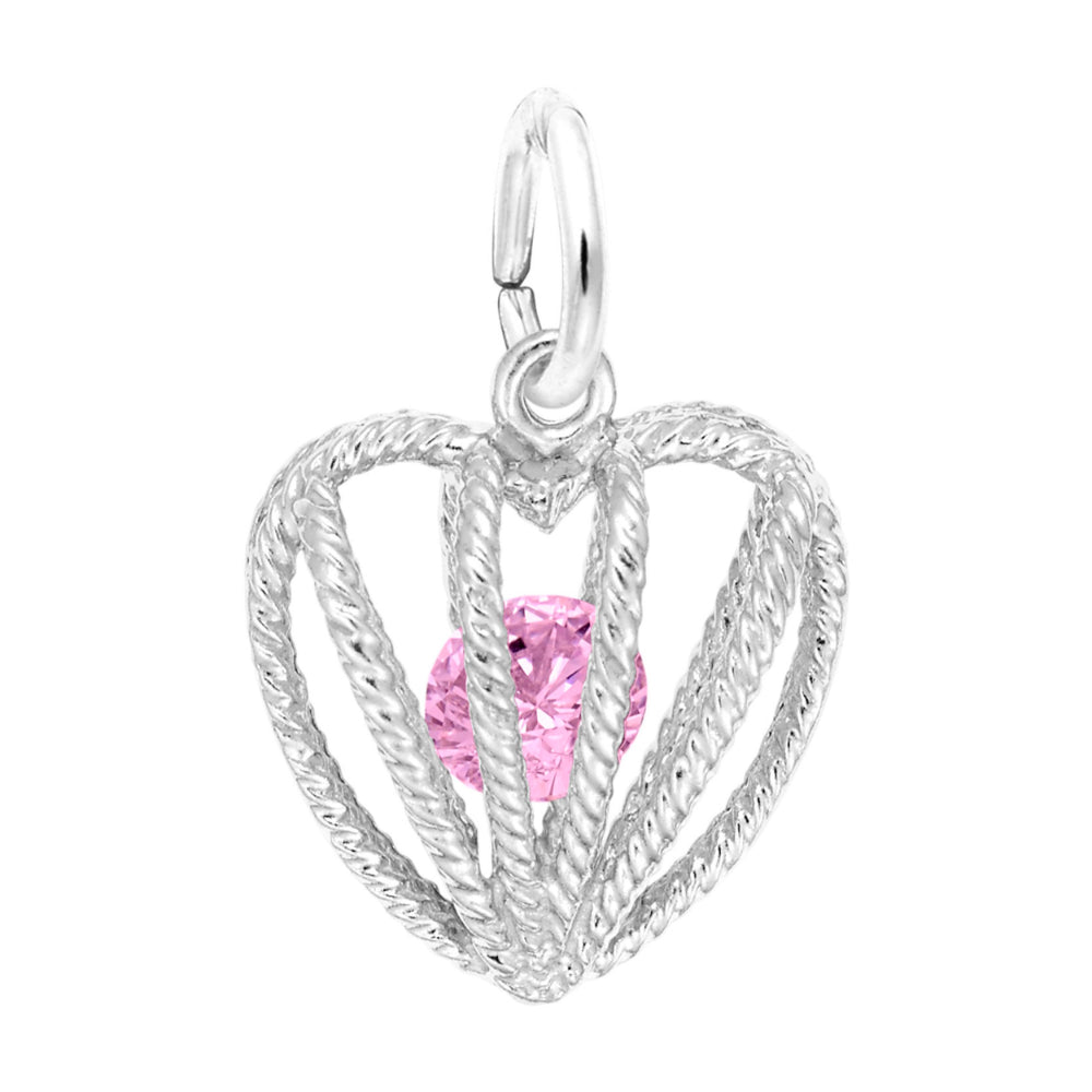 Silver heart-shaped pendant with a pink gemstone on a white background