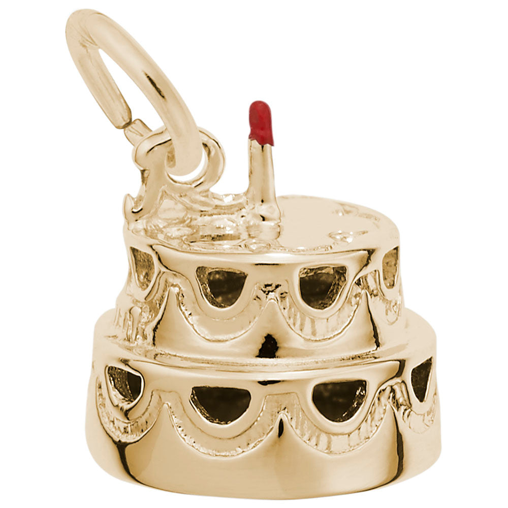 Gold cake charm with a red candle on a white background