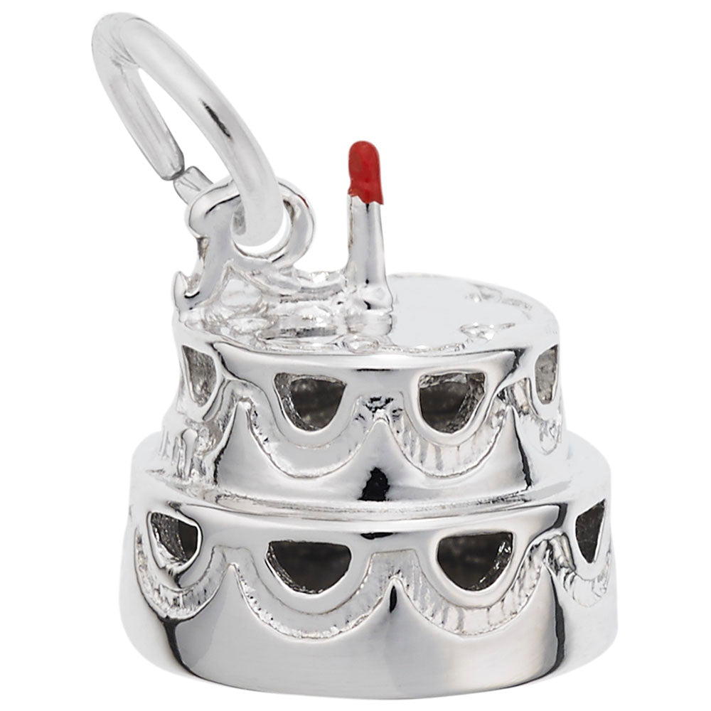 Silver cake charm with a red candle on a white background