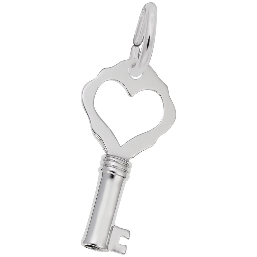 Silver key-shaped charm with a heart cutout design on a white background