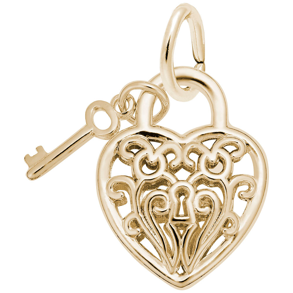 Gold heart-shaped padlock charm with a key on a white background