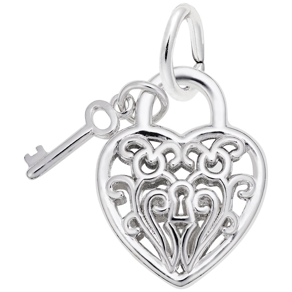 Silver heart-shaped padlock charm with a key on a white background