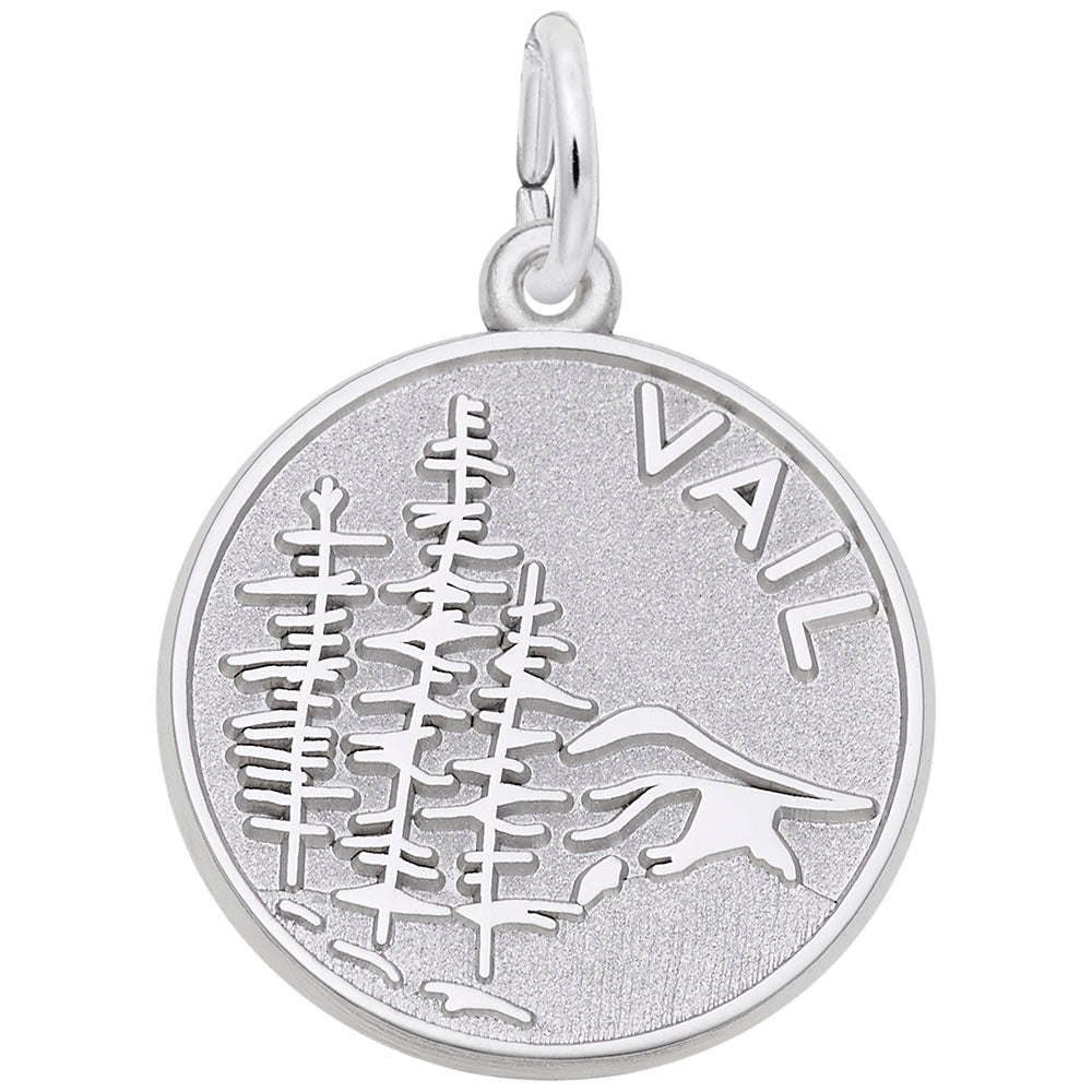 Silver charm with tree and mountain design and 'Vail' text on a white background