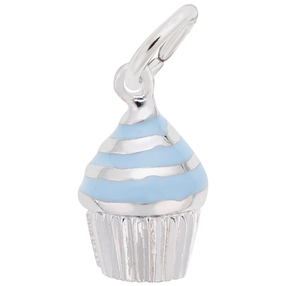 Silver cupcake charm with blue icing on a white background