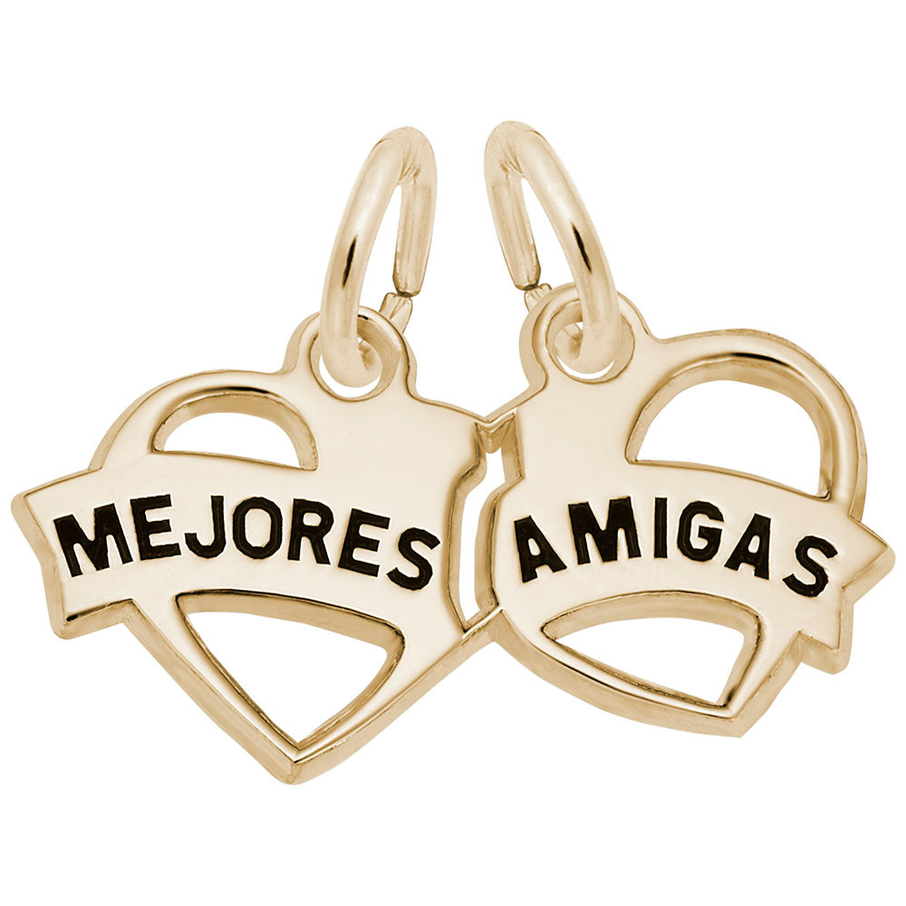 Gold breakapart heart-shaped charm with black "Mejores Amigas" text on a white background