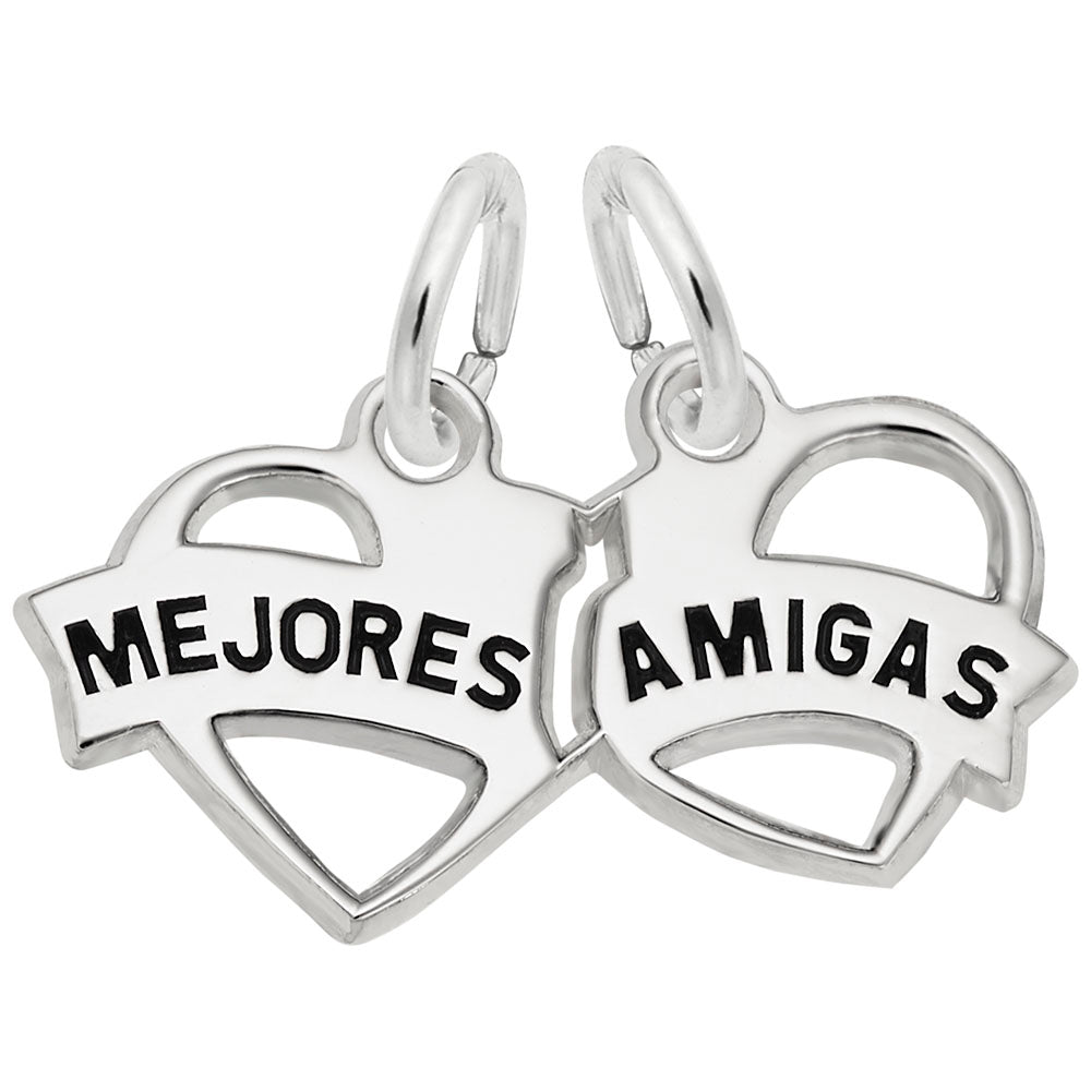 Silver breakapart heart-shaped charm with black "Mejores Amigas" text on a white background