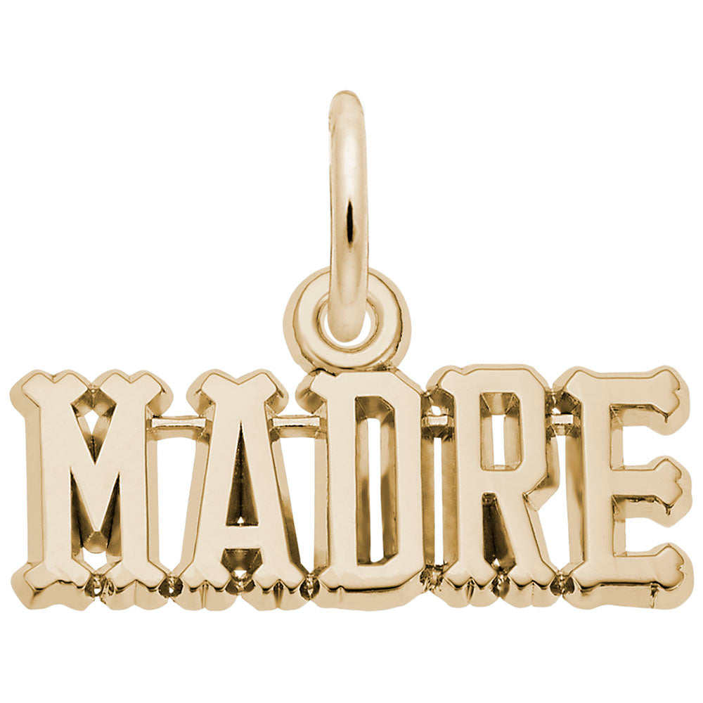 Gold 'MADRE' charm on a white background