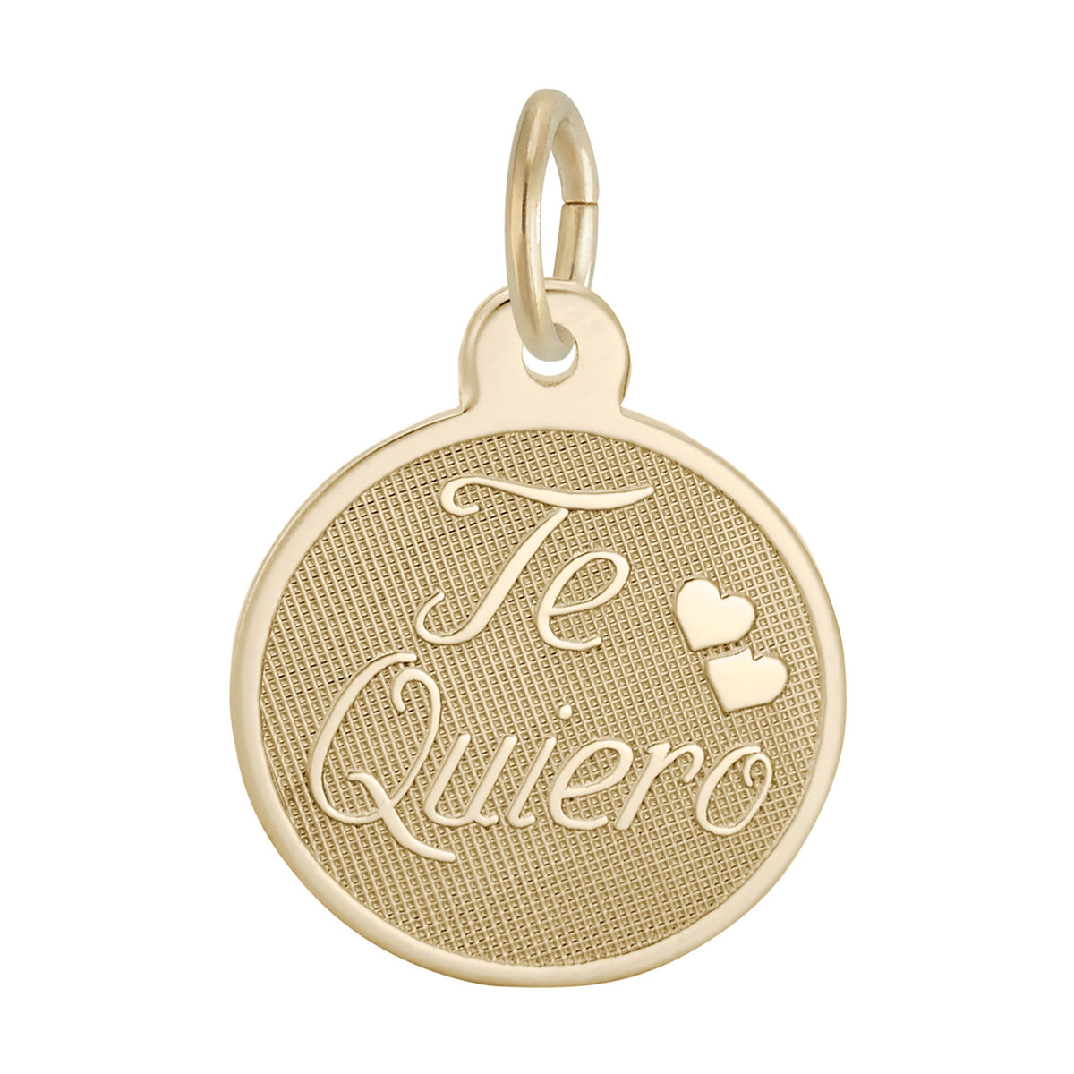 A round gold charm with a textured center, featuring the engraved script text 'Te Quiero' and two small hearts, shown on a plain white background.