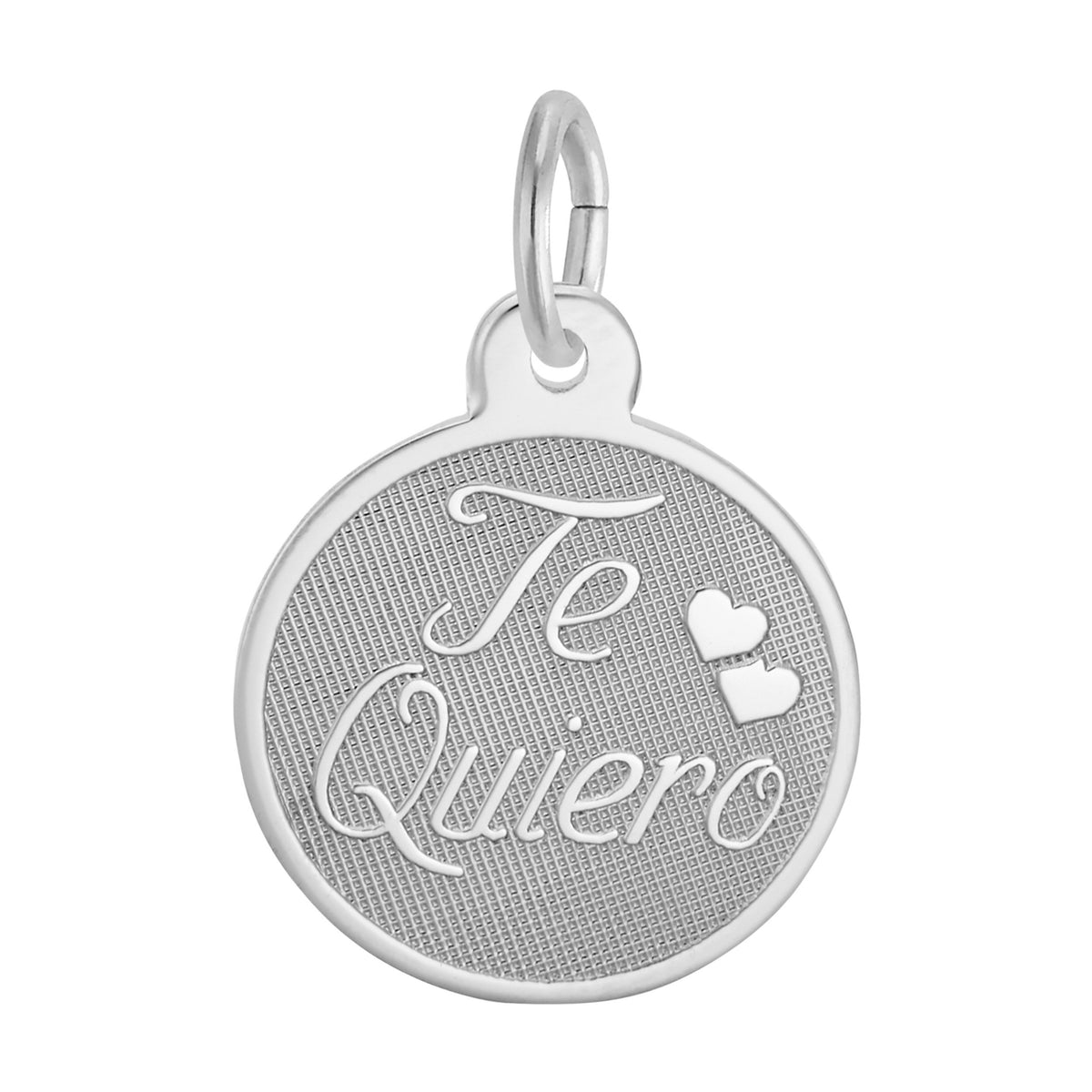 A round silver charm with a textured center, featuring the engraved script text 'Te Quiero' and two small hearts, shown on a plain white background.