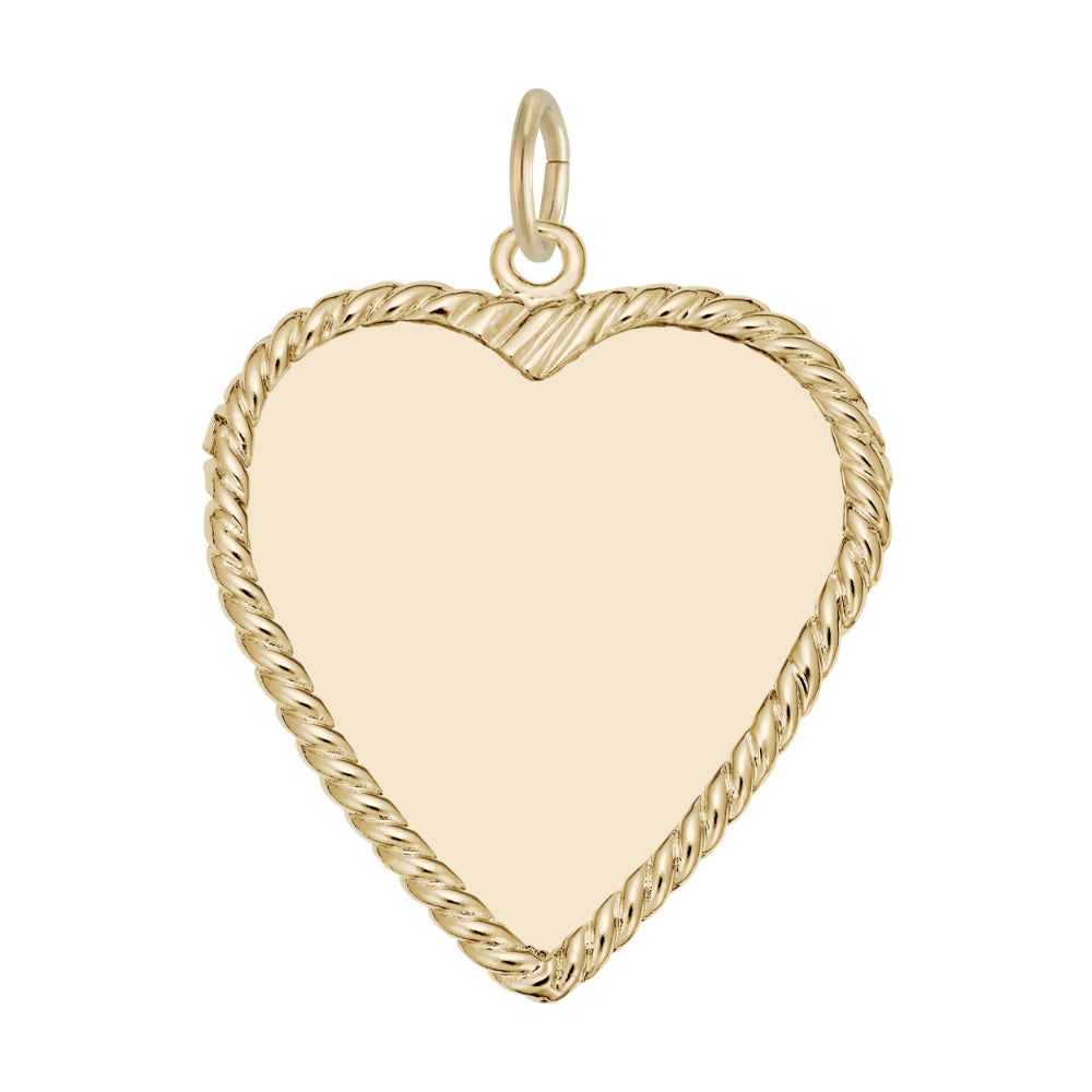 A gold heart-shaped pendant charm with a twisted rope border and a smooth, blank center, shown on a solid white background.