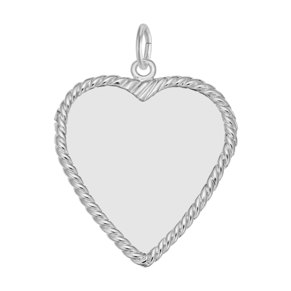 A silver heart-shaped pendant charm with a twisted rope border and a smooth, blank center, shown on a plain white background.