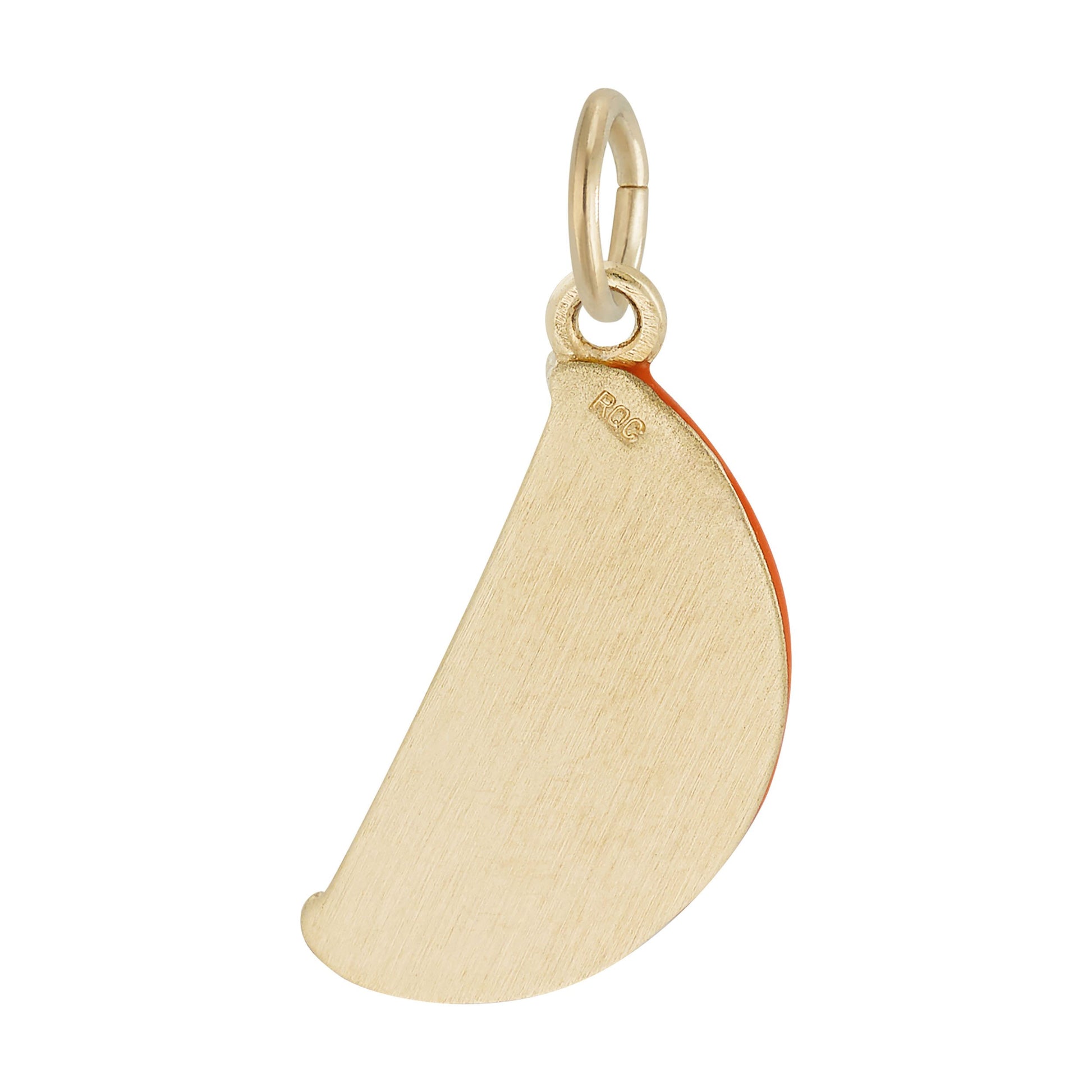Back of a Gold orange slice charm with an orange painted peel on a white background