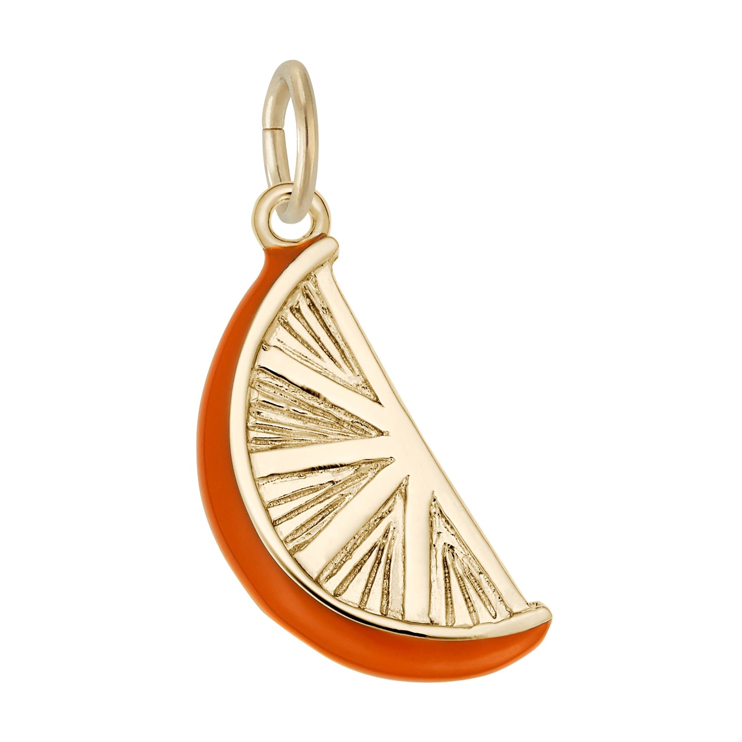 Gold orange slice charm with an orange painted peel on a white background