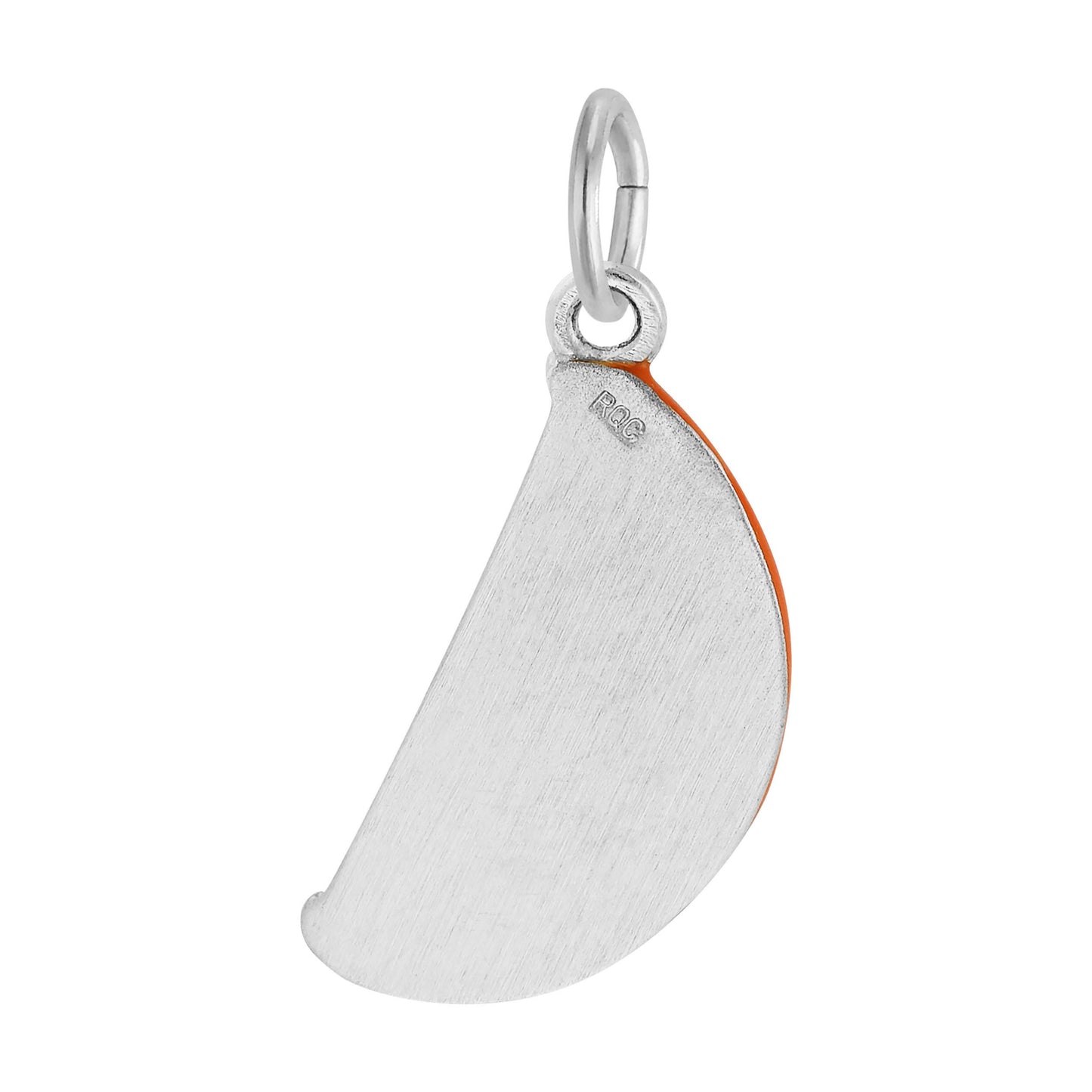Back of a Silver orange slice charm with an orange painted peel on a white background