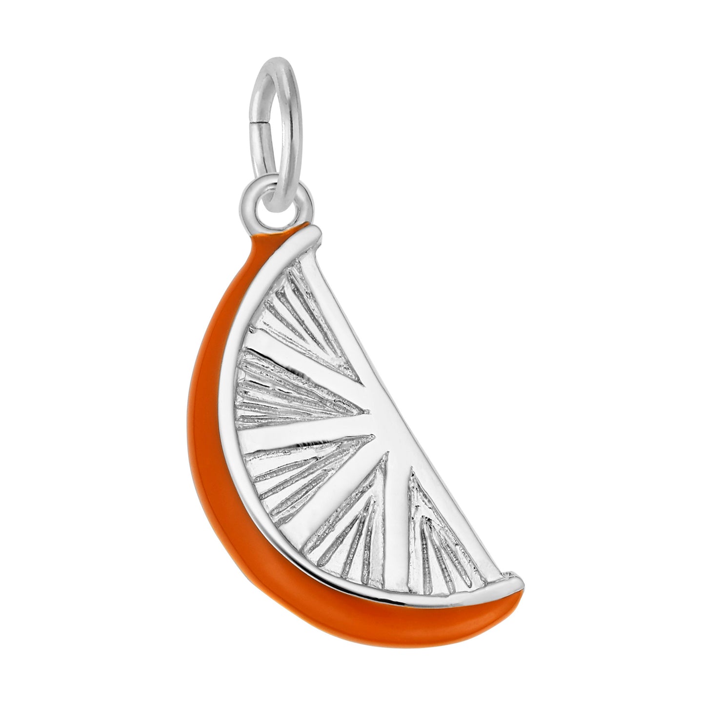 Silver orange slice charm with an orange painted peel on a white background