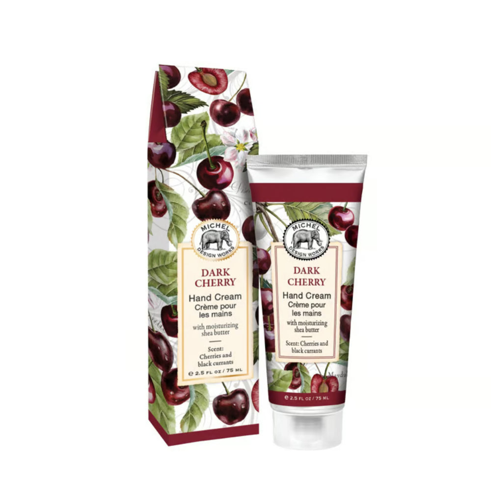 Dark Cherry hand cream with packaging on a white background.
