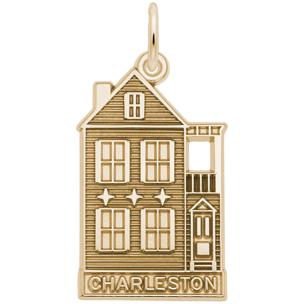 Gold house-shaped charm with 'Charleston' text on a white background