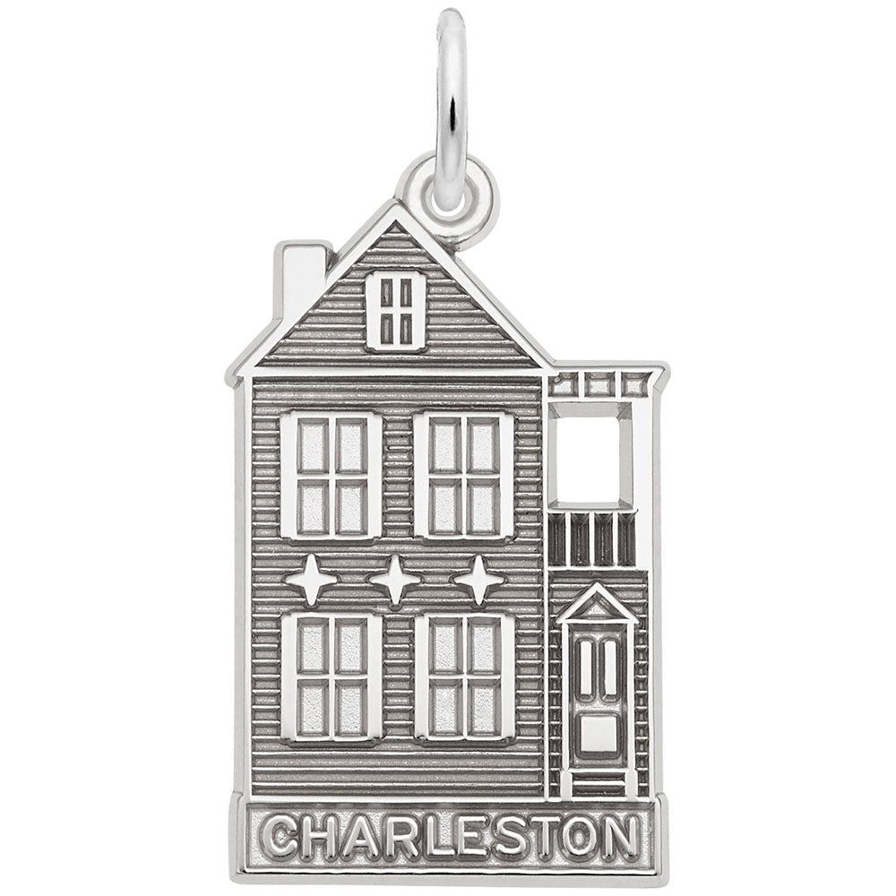 Silver house-shaped charm with 'Charleston' text on a white background
